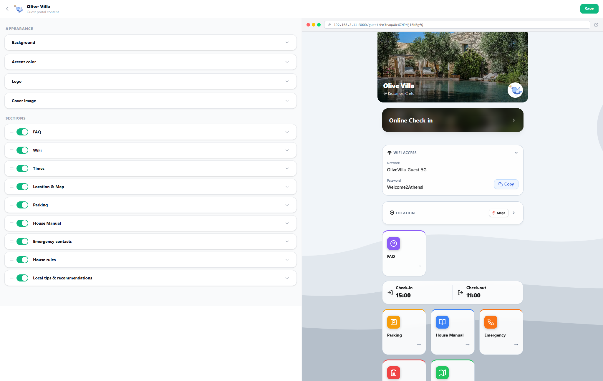 Guest Portal Web Editor split-panel view